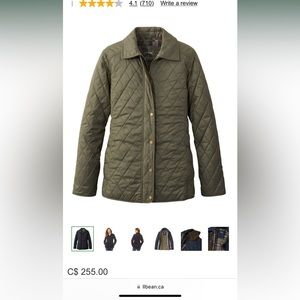 LL bean quilted barn jacket green with corduroy accents and plaid lining